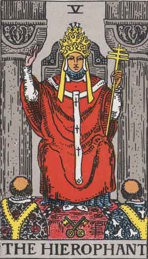 Carta O Hierofante no Tarot - figura religiosa com dois acólitos e chaves