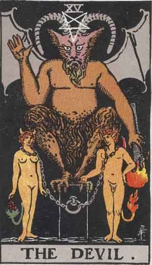 Carta O Diabo no Tarot - figura demoníaca com casal acorrentado