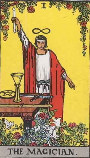 Significado da carta O Mago no Tarot Carta O Mago no Tarot - figura com braço erguido e símbolos dos quatro elementos