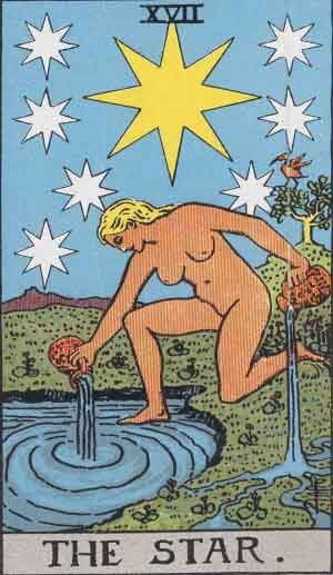 Significado da carta A Estrela no Tarot Carta A Estrela no Tarot - mulher nua derramando água sob estrelas brilhantes