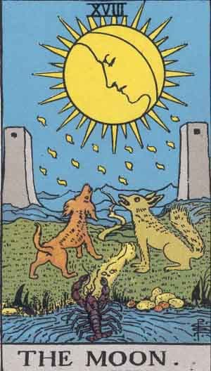 Significado da carta A Lua no Tarot Carta A Lua no Tarot - lua cheia entre duas torres com lobo e cachorro uivando