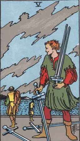 Cinco de Espadas: Conflito, desonestidade, vitória às custas do outro, carta de traição no tarot